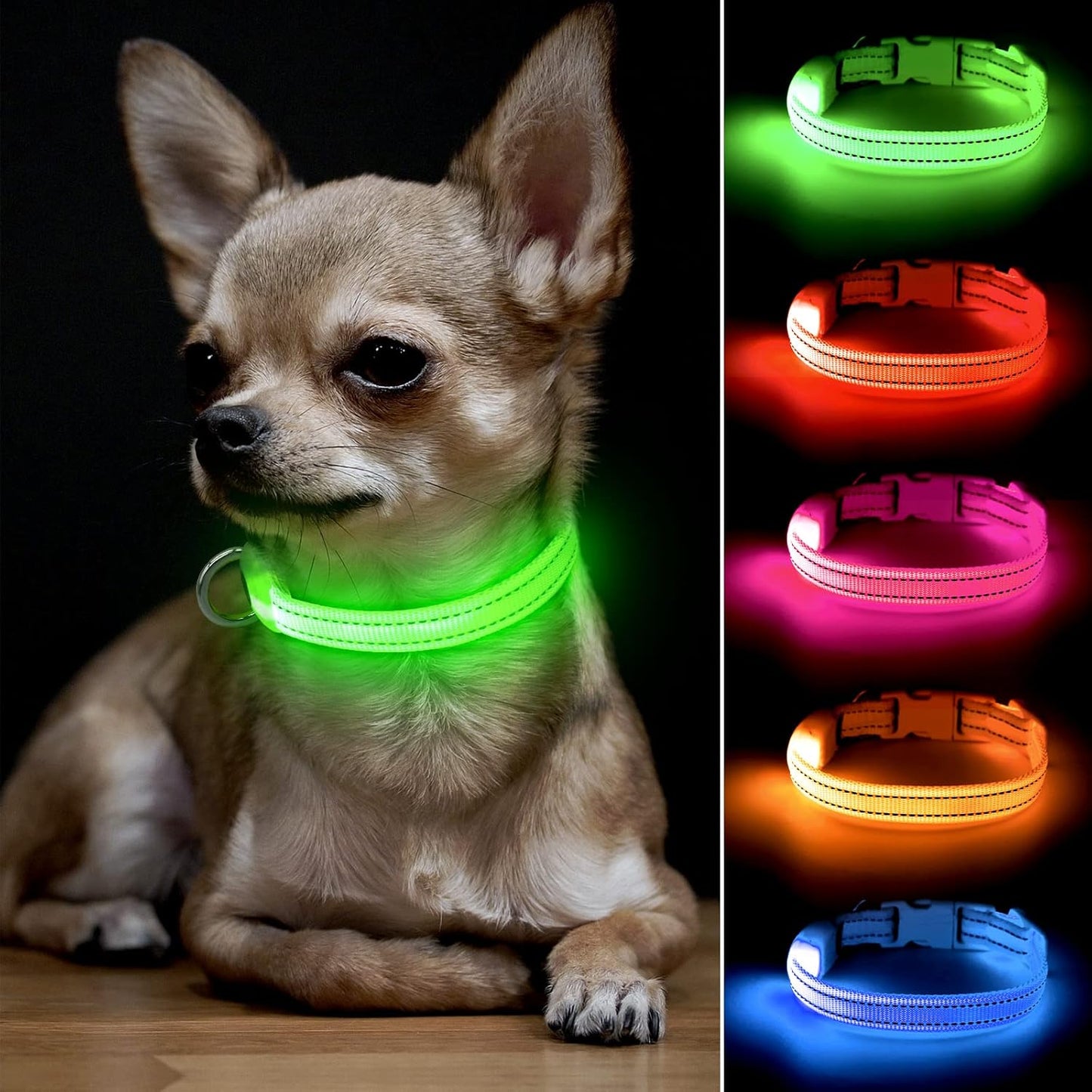 Adjustable Rechargeable LED Safety Collar for Small Dogs and Cats - Green, 8.5-11.8 Inches, Nylon, Lightweight, Reflective with Two Flash Modes for Night Walks