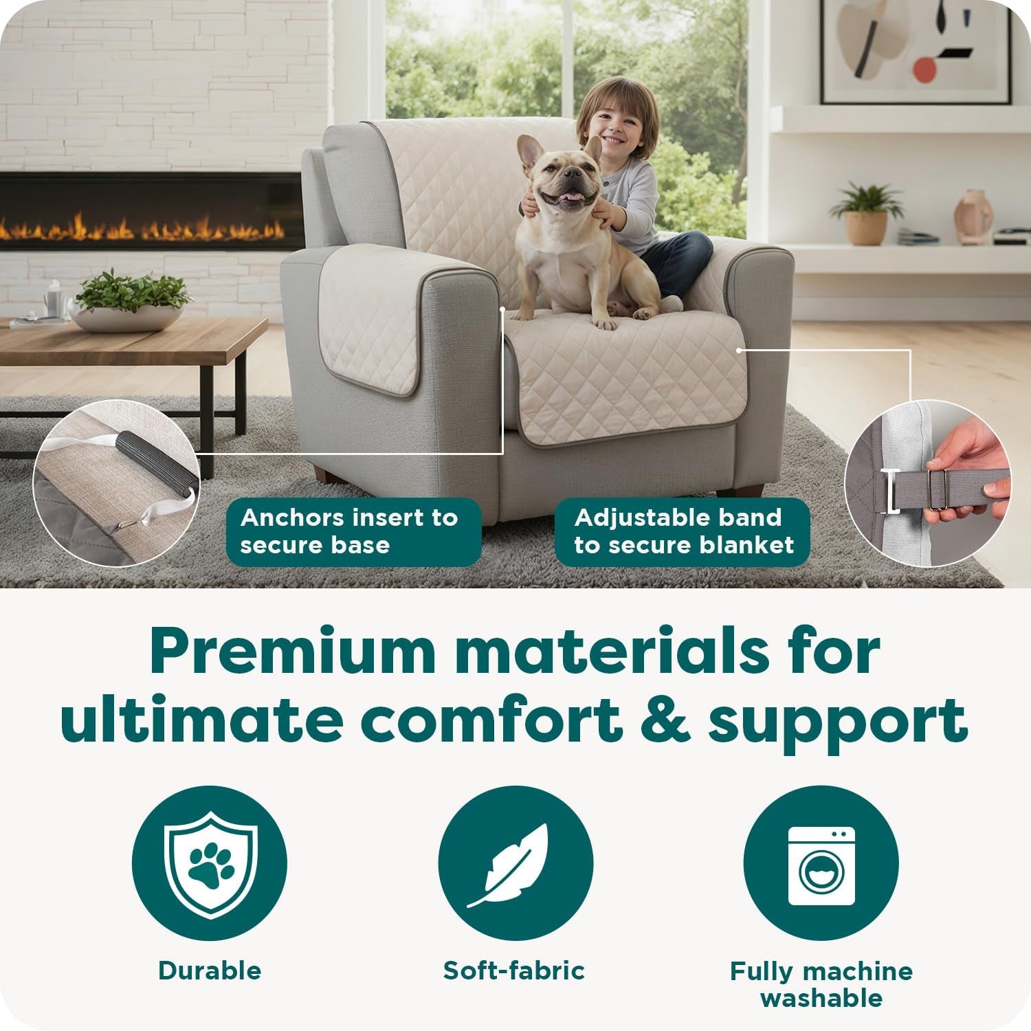 Water-Resistant Reversible Sofa Cover for Pets, Quilted Fabric Couch Protector with Secure Straps, Machine Washable, Large Size, Gray Mist