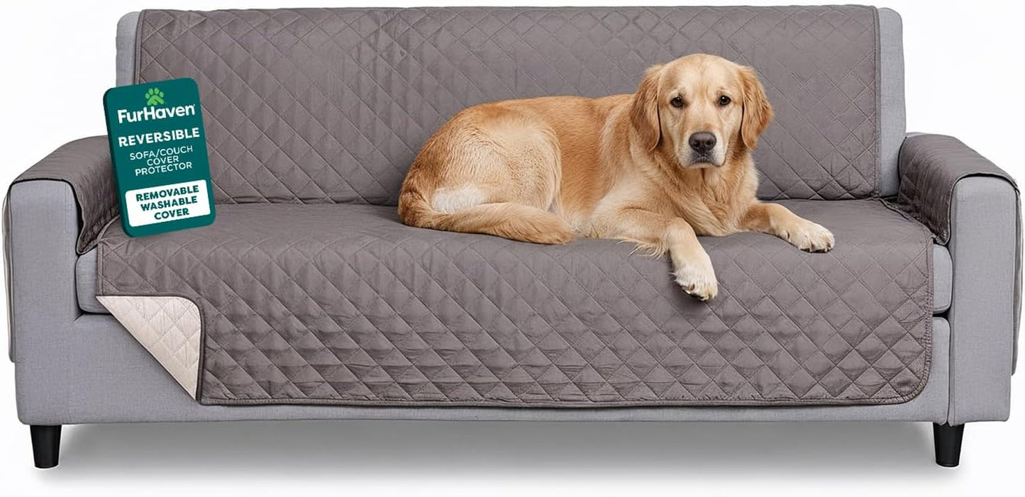 Water-Resistant Reversible Sofa Cover for Pets, Quilted Fabric Couch Protector with Secure Straps, Machine Washable, Large Size, Gray Mist