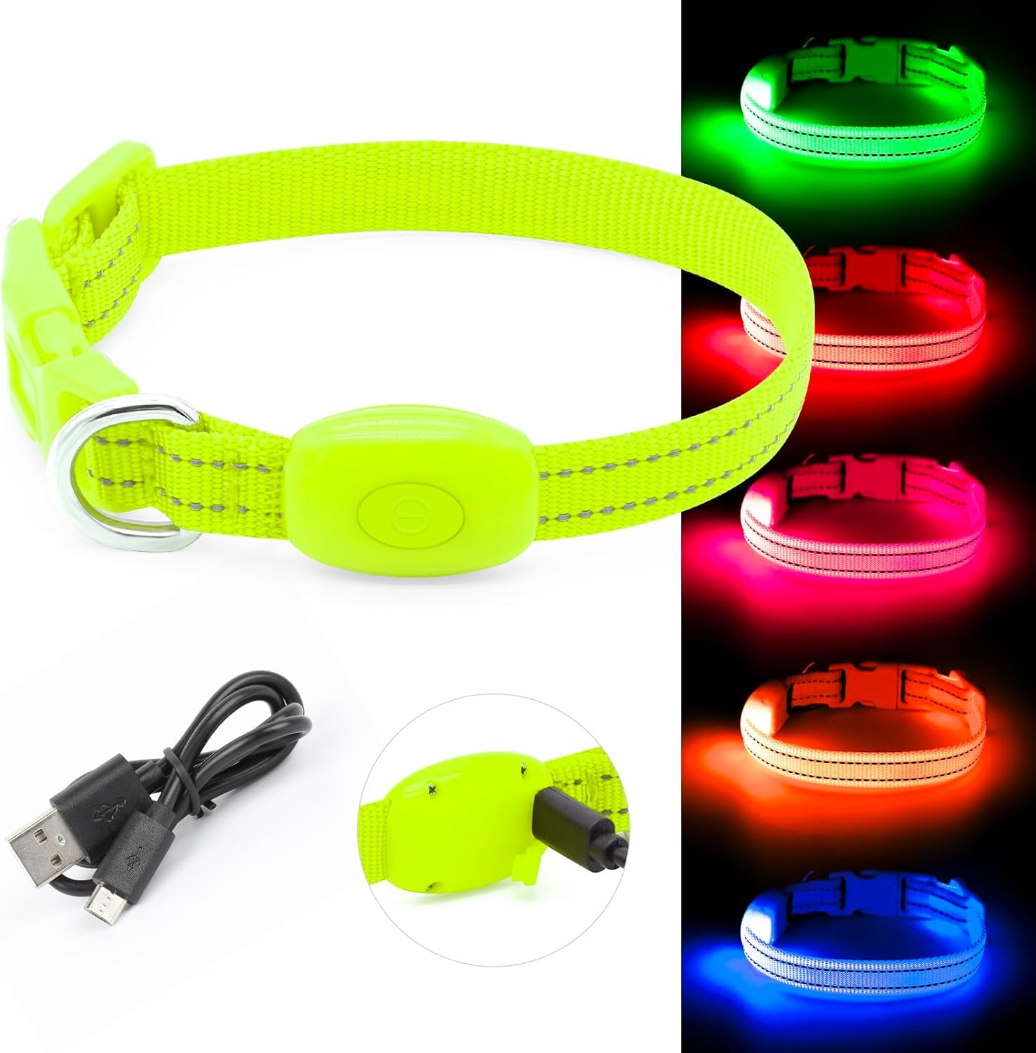 Adjustable Rechargeable LED Safety Collar for Small Dogs and Cats - Green, 8.5-11.8 Inches, Nylon, Lightweight, Reflective with Two Flash Modes for Night Walks