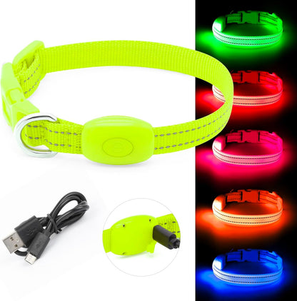 Adjustable Rechargeable LED Safety Collar for Small Dogs and Cats - Green, 8.5-11.8 Inches, Nylon, Lightweight, Reflective with Two Flash Modes for Night Walks