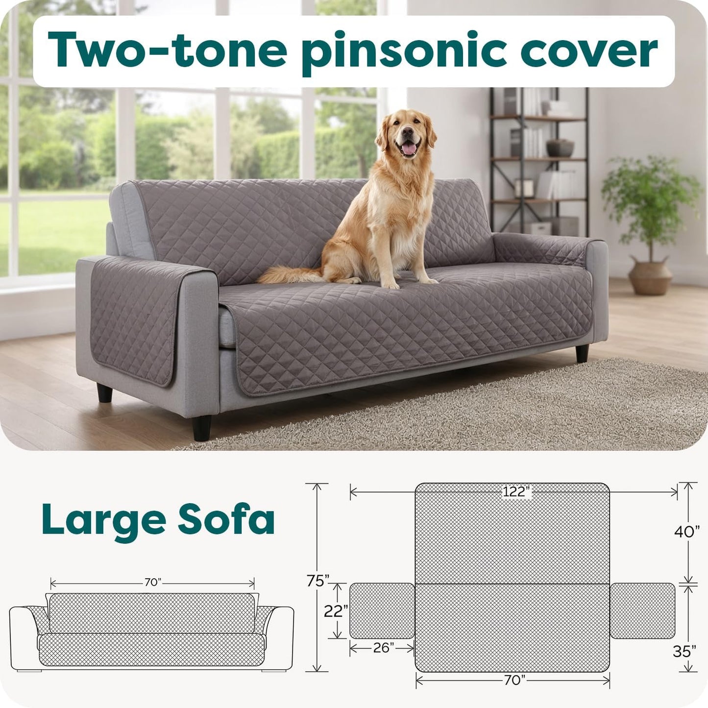 Water-Resistant Reversible Sofa Cover for Pets, Quilted Fabric Couch Protector with Secure Straps, Machine Washable, Large Size, Gray Mist