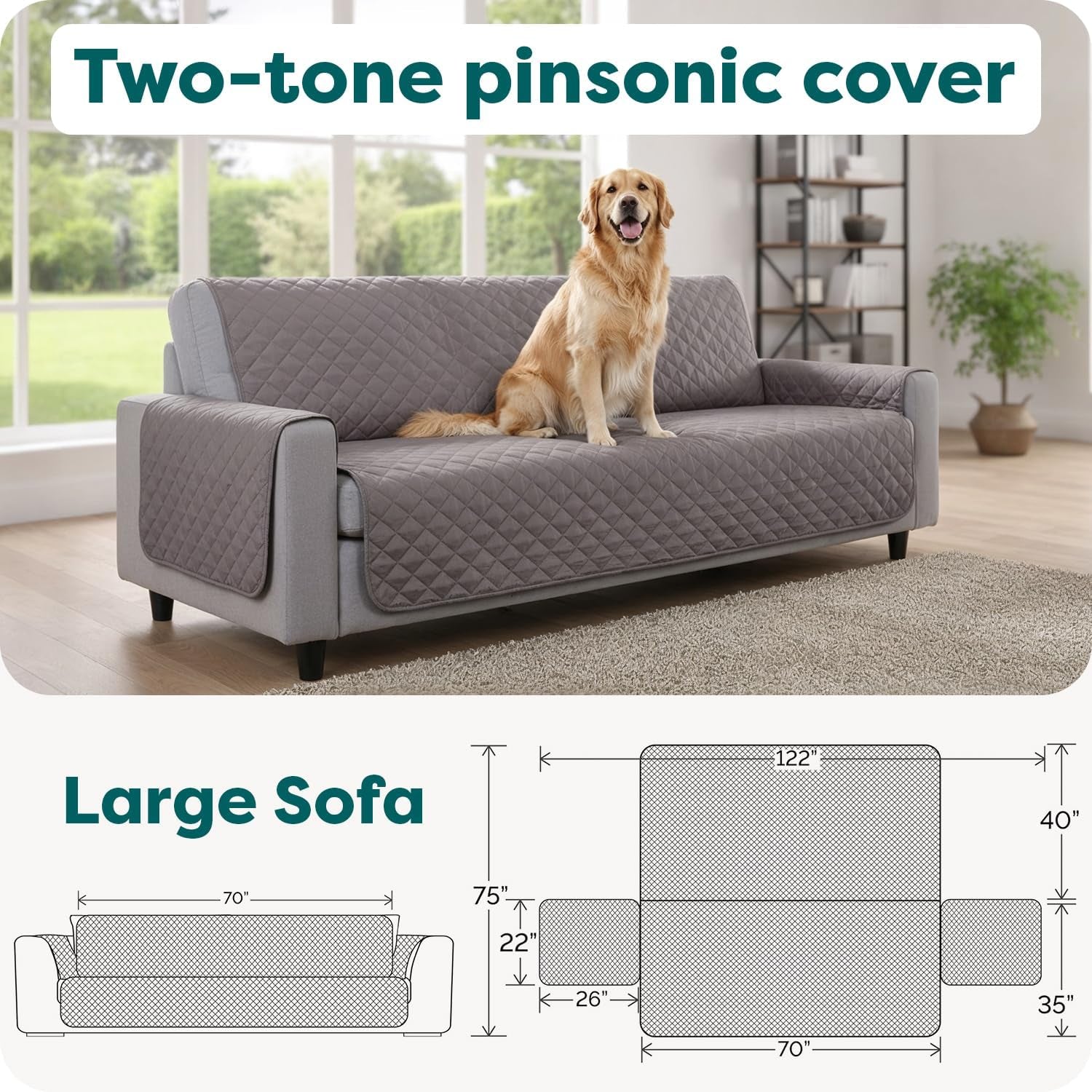 Water-Resistant Reversible Sofa Cover for Pets, Quilted Fabric Couch Protector with Secure Straps, Machine Washable, Large Size, Gray Mist
