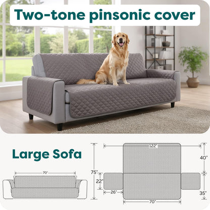Water-Resistant Reversible Sofa Cover for Pets, Quilted Fabric Couch Protector with Secure Straps, Machine Washable, Large Size, Gray Mist