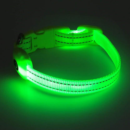 Adjustable Rechargeable LED Safety Collar for Small Dogs and Cats - Green, 8.5-11.8 Inches, Nylon, Lightweight, Reflective with Two Flash Modes for Night Walks