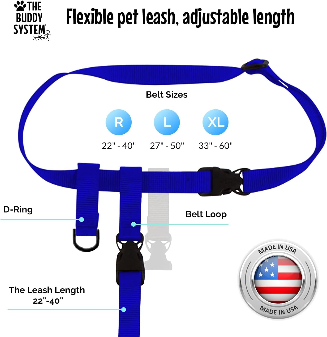 Adjustable Hands-Free Dog Leash for Running, Jogging, and Training - Suitable for Small, Medium, and Large Dogs - Made in the USA (Royal Blue, Large Belt - 27"-50" Waist)