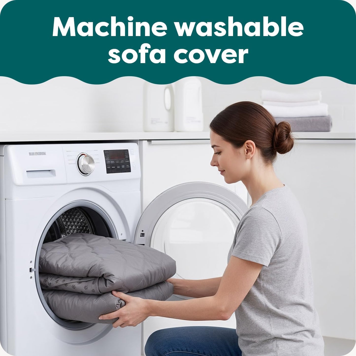 Water-Resistant Reversible Sofa Cover for Pets, Quilted Fabric Couch Protector with Secure Straps, Machine Washable, Large Size, Gray Mist