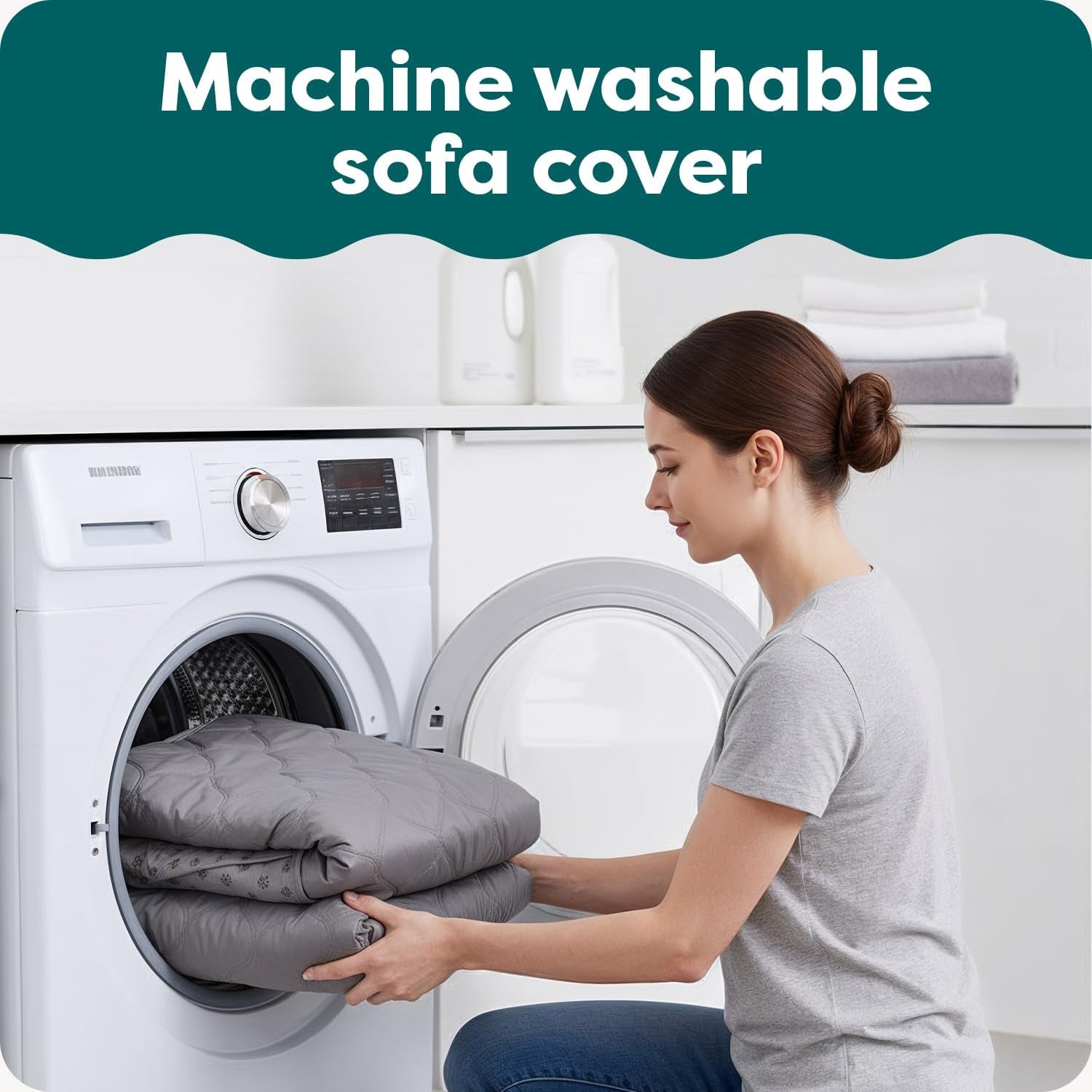 Water-Resistant Reversible Sofa Cover for Pets, Quilted Fabric Couch Protector with Secure Straps, Machine Washable, Large Size, Gray Mist