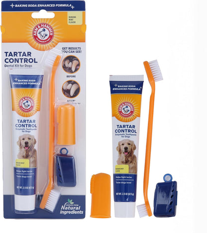 Tartar Control Dog Dental Care Kit - Banana Mint Flavor Toothpaste with Baking Soda, Double-Sided Toothbrush and Finger Brush, 2.5 oz, 3-Piece Set