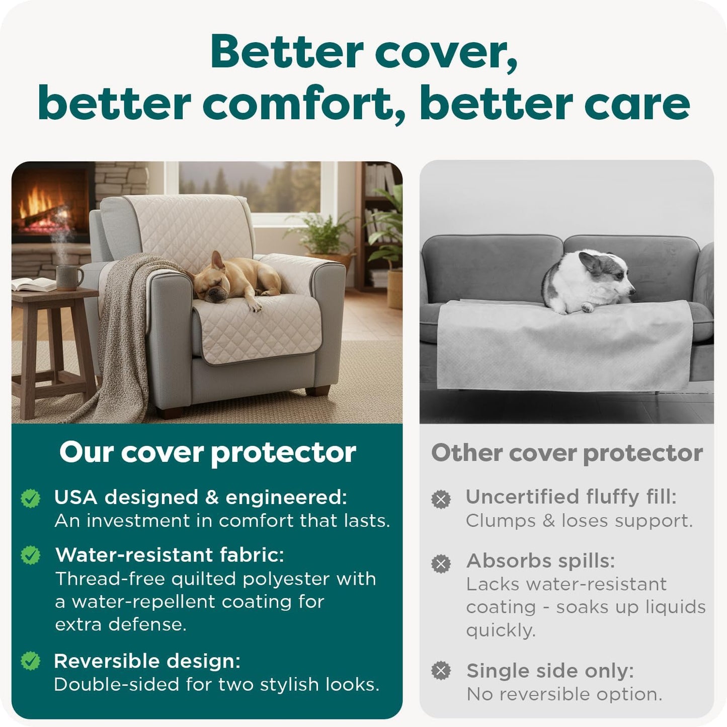 Water-Resistant Reversible Sofa Cover for Pets, Quilted Fabric Couch Protector with Secure Straps, Machine Washable, Large Size, Gray Mist