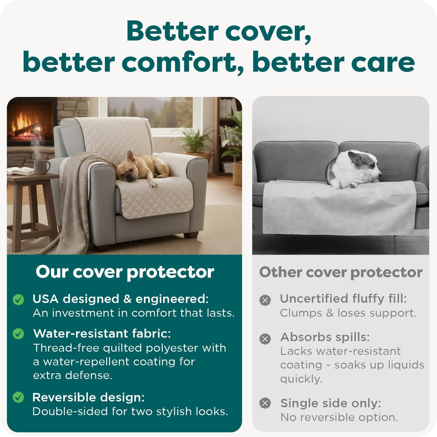 Water-Resistant Reversible Sofa Cover for Pets, Quilted Fabric Couch Protector with Secure Straps, Machine Washable, Large Size, Gray Mist
