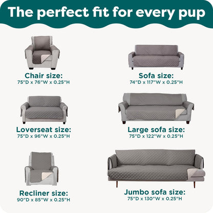 Water-Resistant Reversible Sofa Cover for Pets, Quilted Fabric Couch Protector with Secure Straps, Machine Washable, Large Size, Gray Mist